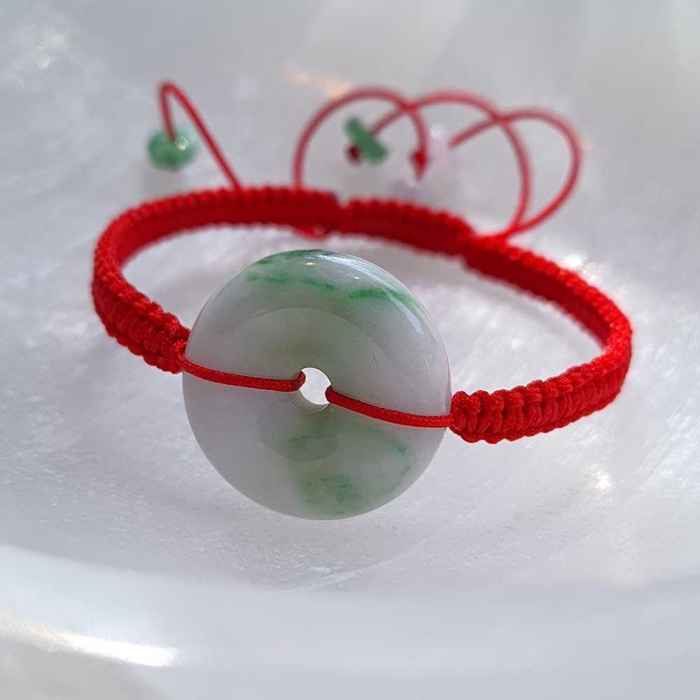Natural Burmese Jadeite Donut Charm Red String Bracelet